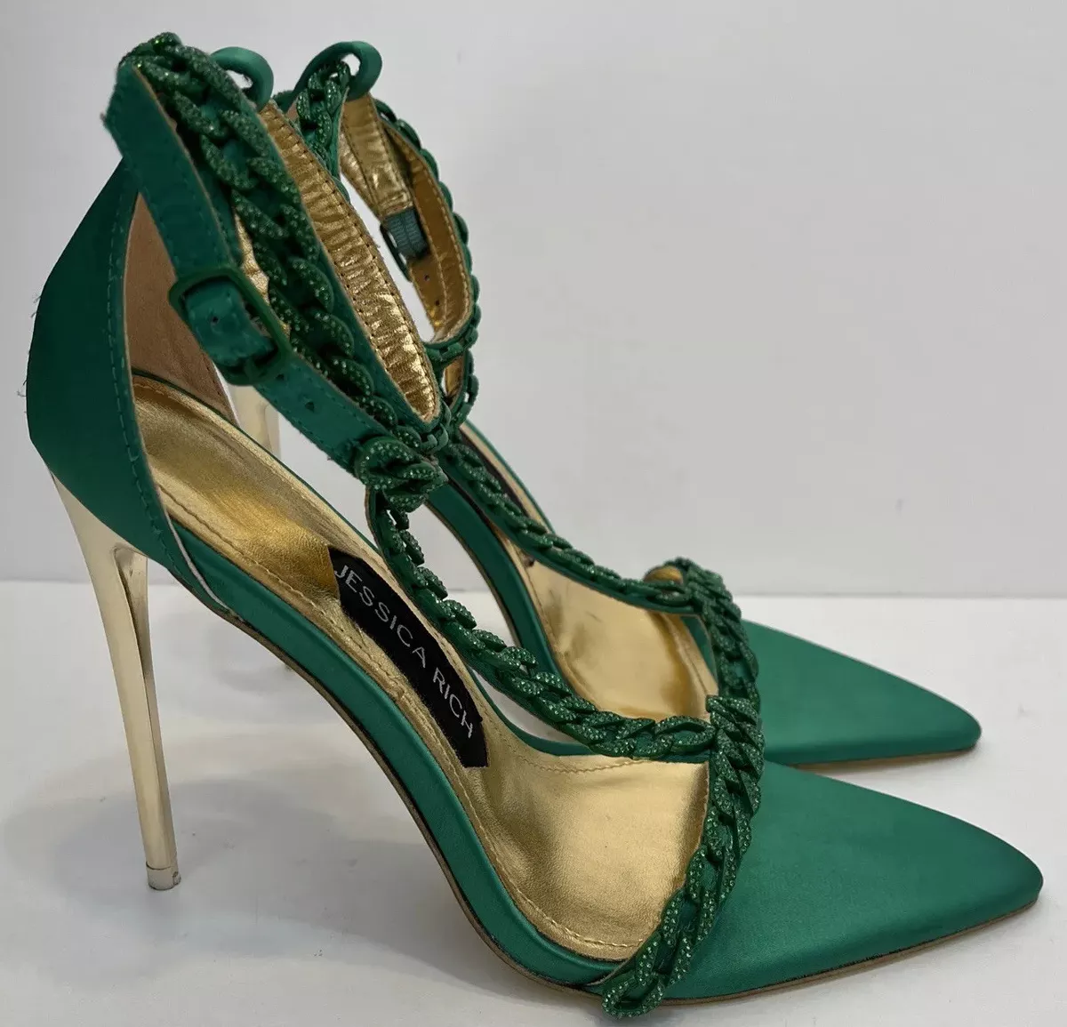 Hunter Green Satin Block Heel Sandals with Floral Rhinestones on Upper  Strap - 9 / RIBBON BACK TIE | Heels, Green heels, Block heels sandal