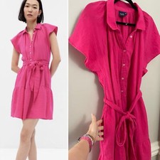 NWOT GAP 100% Cotton Hot Pink Crinkle Gauze Flutter Sleeve Mini Shirtdress 2XL