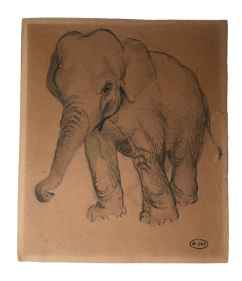 Marcel DYF (1899-1985) French Impressionist Elephant study Drawing Charcoal