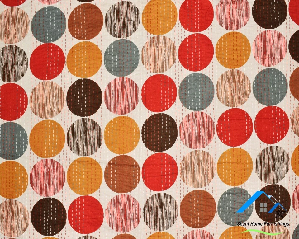Cotton Coverlet Indian Bedspread King Size Kantha Quilt Polka Dot Print Gudari - Image 4 of 4