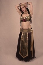 Professional plum, gold, and black hand-made tribal fusion costume set.