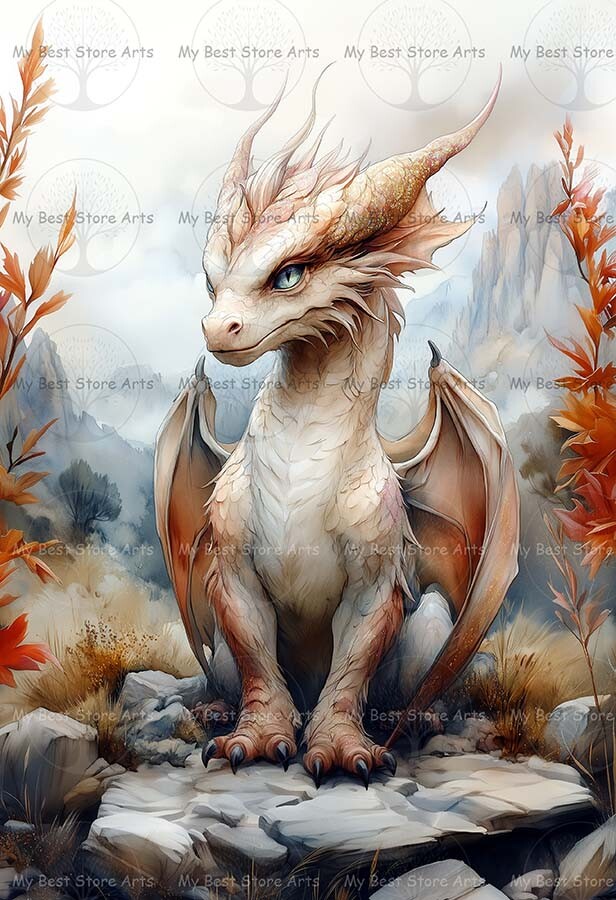 MYSTICAL DRAGON ART PRINT, Flower Home Wall Decor, Painting Gothic