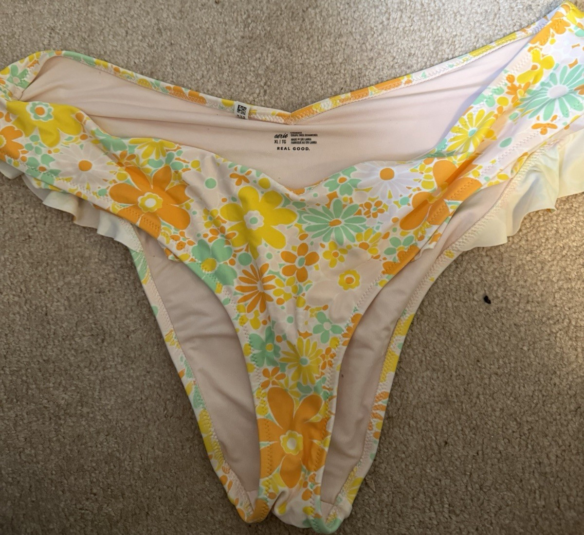 Aerie Women’s XL Floral Ruffle Bikini Swim Bottom White Yellow Orange Green