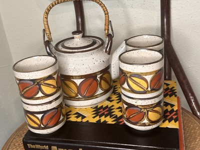 Vintage Otagiri Stoneware Tea Pot And Cups Coffee Bean Retro Orange Yellow MCM