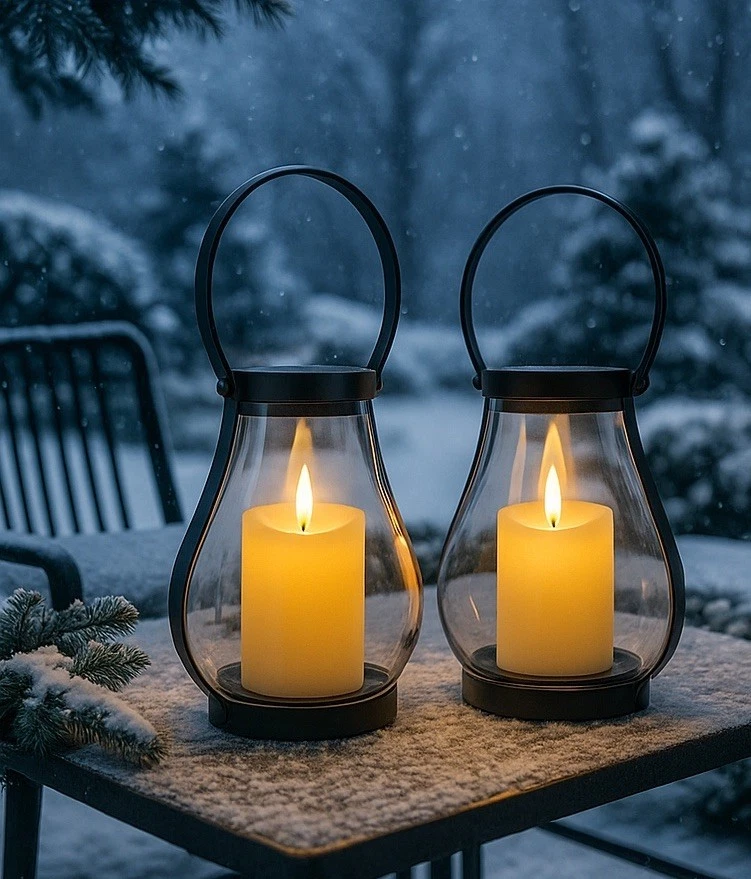 Par de linternas de vidrio de metal negro portavelas lágrimas para interiores y exteriores FS Foto 2 de 4