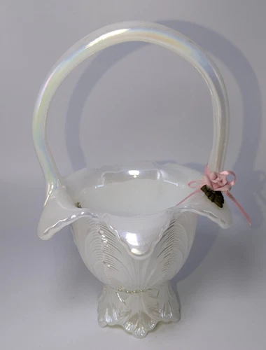 Vintage Fenton Pearly Sentiments Iridescent Opalescent Glass Art Rose Basket