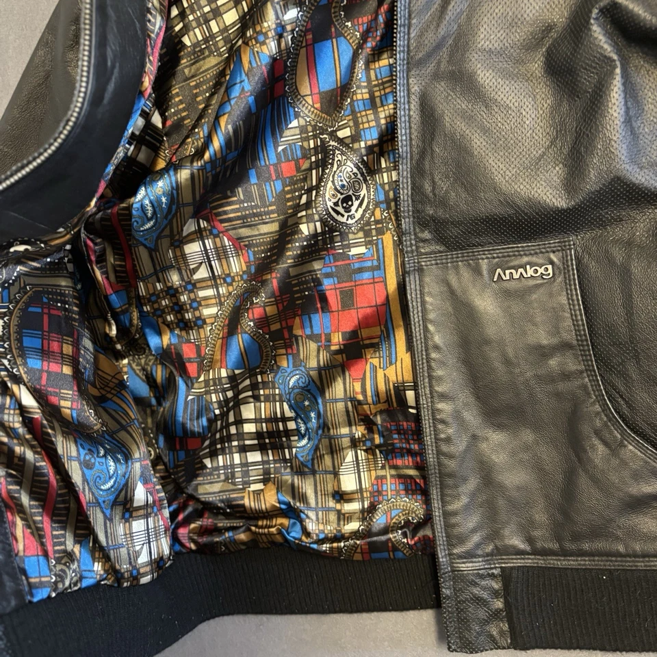 Jaqueta de couro analógica Burton preta porco com capuz forro paisley Y2K masculina média rara - Imagem 3 de 4