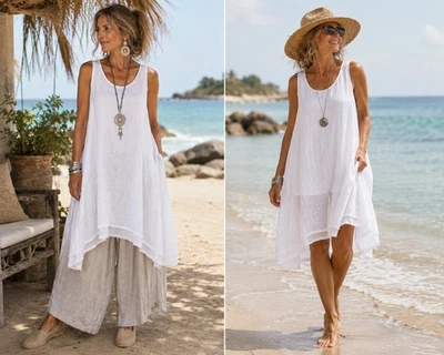 Indian Boutique White Lagenlook Tunic Dress OS Flowy Swing Layered Hem Boho - Image 1 of 4