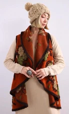 Floral Wool Orange Felted Sleeveless Vest Made In Italy Open Front Lagenlook OS
