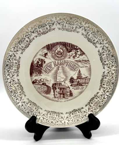 Vintage New Hampshire State Souvenir Collector Plate Brown Transferware MCM 10"