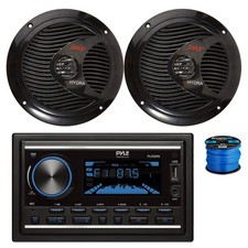 Pyle Double DIN BT Marine Stereo Receiver, 2x 6.5" 150W Speakers Black w/ Wire
