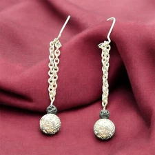 2.25" silver chain earrings w/an 8MM silver lava and 4MM black lava bead