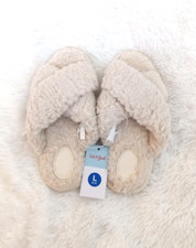 Cat  Jack Girls Soft  Furry Cross Front Slide Slippers Size L/4-5 Off-White