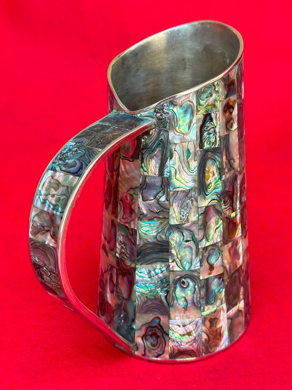 EXQUISITE Handwrought Silver Plate Pitcher Mother of Pearl Inlay 1968