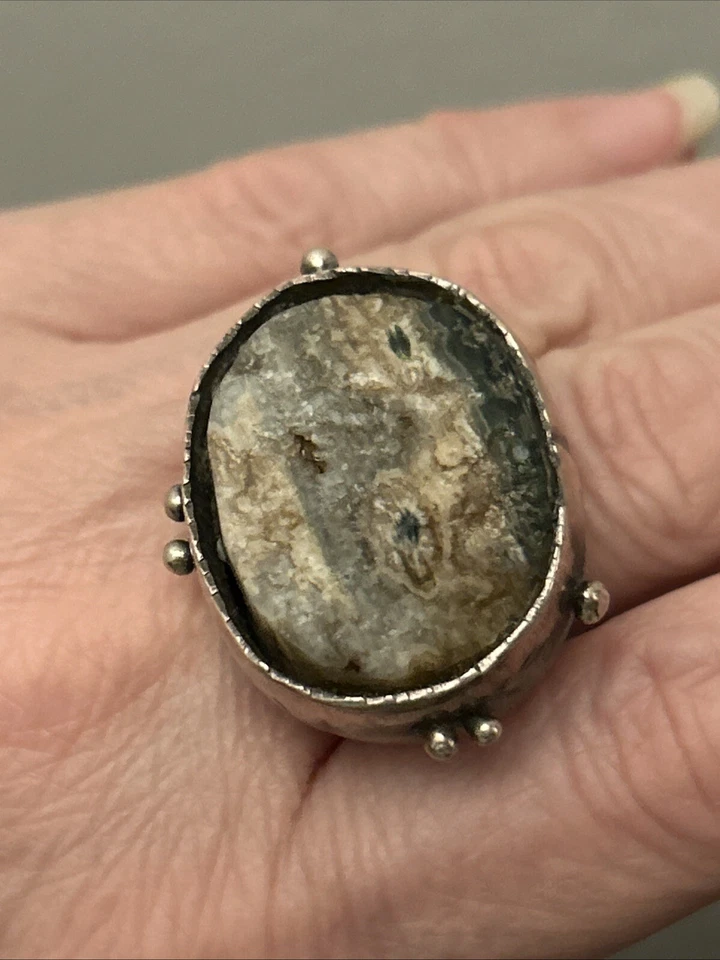 Винтажный сделанный на заказ зеленый кианит драгоценный камень серебро тяжелое кольцо размер 8 - Изображение 2 из 4