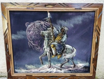 INDIEN ET OURS TABLEAU SUR VELOURS ALLEGORIE DE L ANCETRE FORMAT 40X51 CHEVAL - Photo 1/3