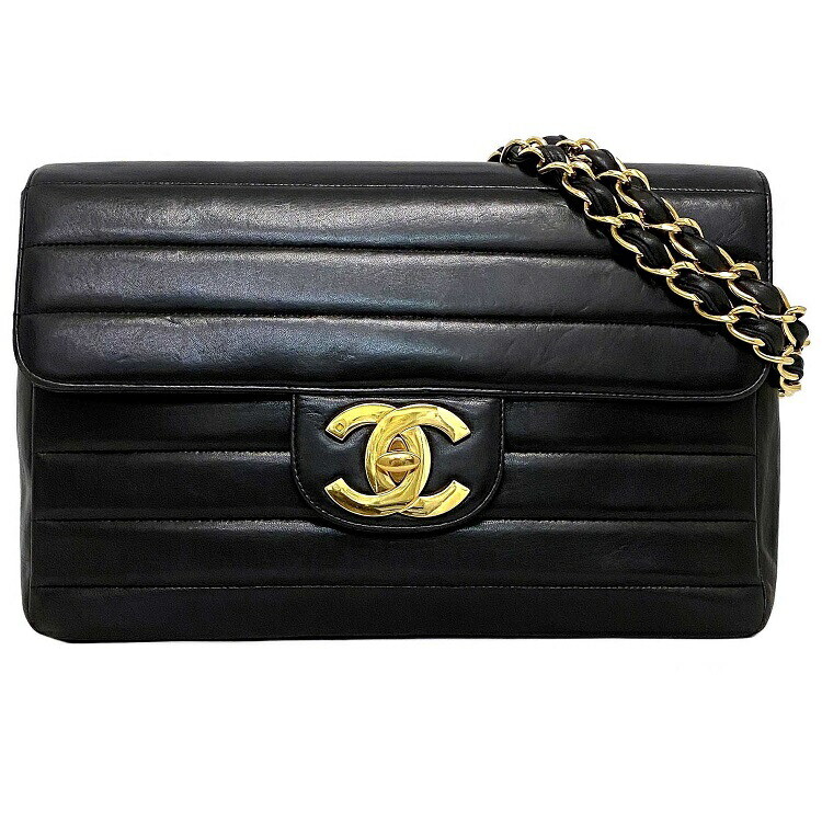 CHANEL Black Gold Mademoiselle Single Flap Shoulder Bag Lambskin Leather Chain