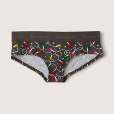 Victoria's Secret PINK Logo Script Hipster Panty Gray Christmas Lights Small NEW