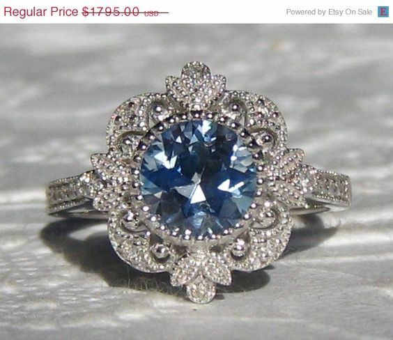 Art Deco Blue Round Cut Sapphire Lab-Created Engagement Ring