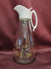 Vtg 1970's Log Cabin Glass Maple Syrup Dispenser Pitcher Gold Eagle Motif
