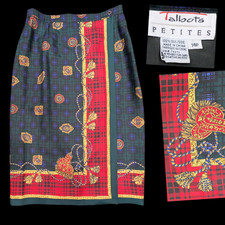 Vintage Talbots Petites 100 Silk Midi Wrap Skirt Baroque Plaid Womens 14P Lined