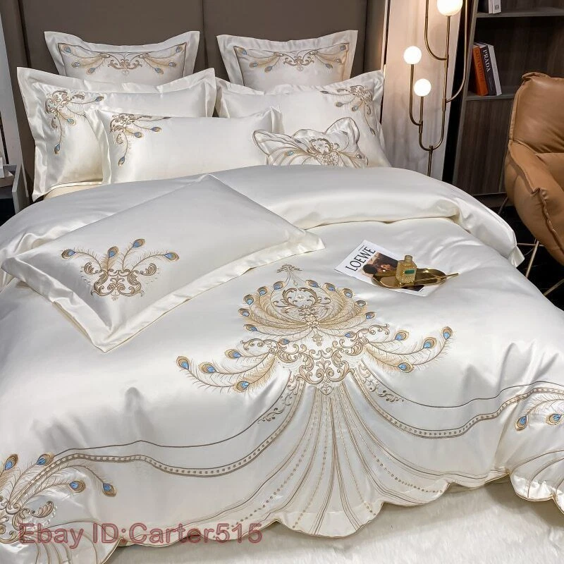 Luxury Gold Feather Embroidery Egyptian Cotton Duvet Cover Bed Sheet Bedding Set - Image 2 of 4
