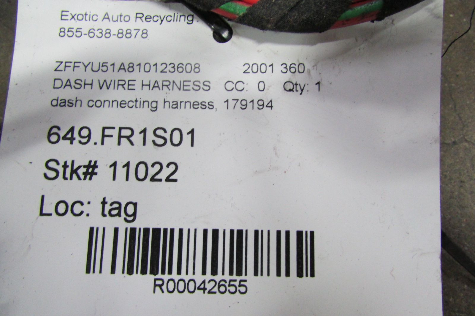 Ferrari 360, Main Dash Wiring Harness, Used, P/N 179194