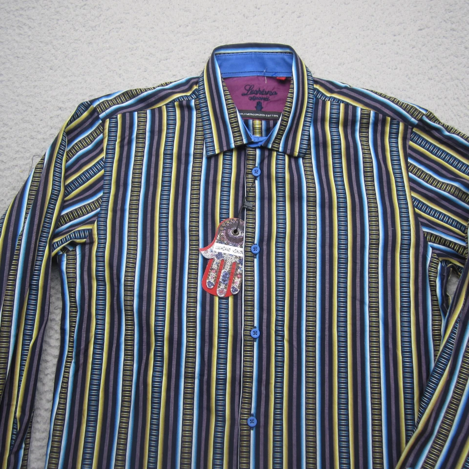 Camisa Luchiano Visconti Hombres 16 Azul Rayas Abotonada Informal Disco Vestido Foto 4 de 4