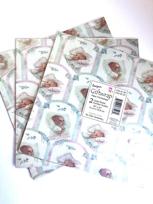 3 Vintage Baby Shower New Baby Gift Wrap Color Fantastik 2 sheets each pkg New