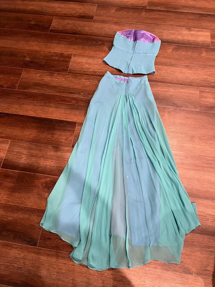 Vintage Lazaro Two-Piece Formal Gown Aqua Blue Chiffon Satin Prom Dress Y2K 90s - Image 3 of 4