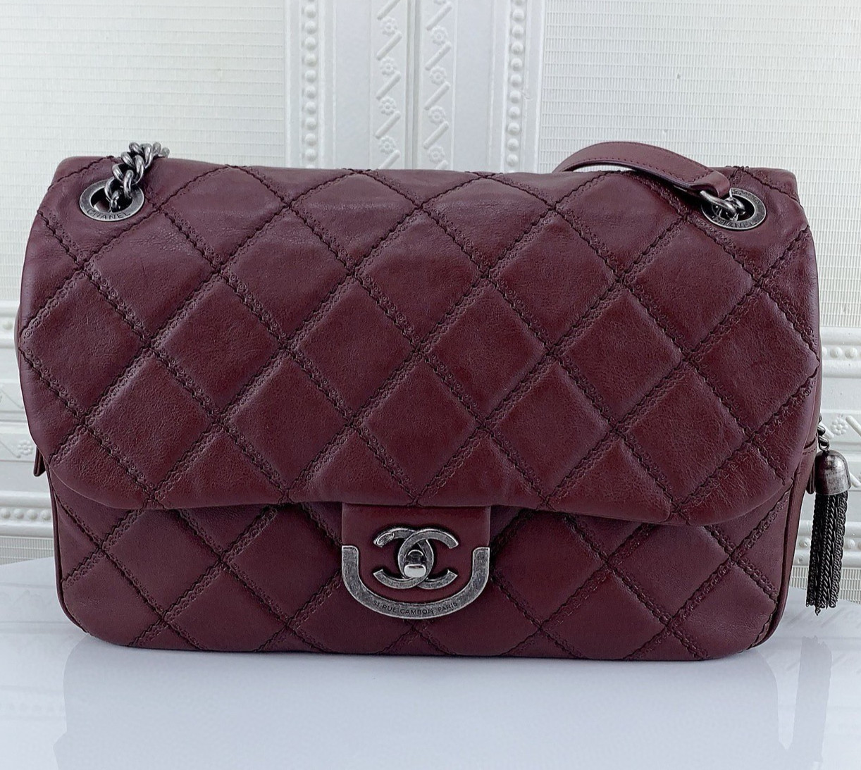 Chanel Classic Flap Chain Calfskin Shoulder Bag Red Silver Women Diamond Fashion