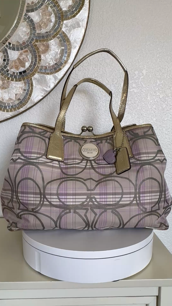 Coach Signature Lavender Tartan Plaid Framed Kiss Lock Carryall