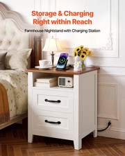 Farmhouse Nightstand, with Charging Station, End Table with 2 Drawers and Open S