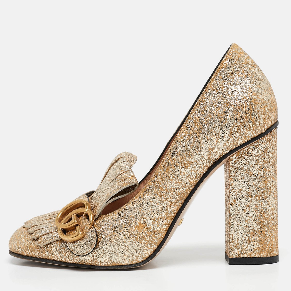 Gucci Metallic Gold Leather GG Marmont Fringe Detail Block Heel 