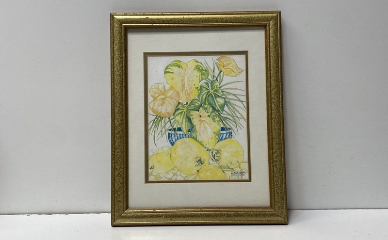 Patricia Henry Sage Pen Ink Watercolor Tropical Floral Still Life 13x16 Signed