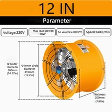 12" 220V Axial Fan Spray Booth Paint Fumes Exhaust Fan Explosion Proof 150W