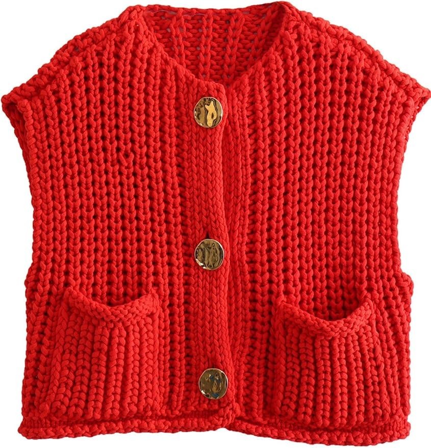 Sleeveless Cropped Knit Cardigan Sweater Vest With Pockets Size Large, Red