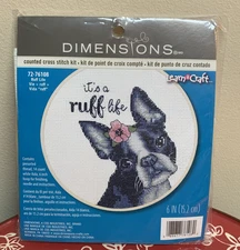 New Sealed Dimensions Counted Cross Stitch Kit 6" Boston Terrier Ruff Life