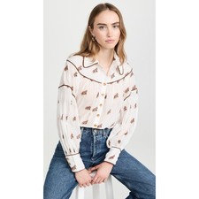 FARM Rio White Embroidered Horse Print Button Up Long Sleeve Shirt Top L