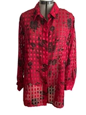 Notations Womens 1X Red & Black Sheer Shimmery Floral Long Sleeve Button Up Top