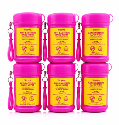 BIOPURE. Antibacterial Hand Sanitizer Wipes Pink Pineapple Aloe Vit E 20ct 6pk