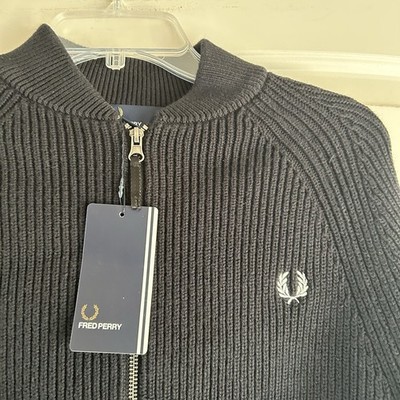 Fred Perry Sweater Mens Small Black 1/4 Zip Knit Cardigan Jumper Ribbed