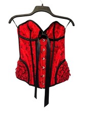 Red  Black Lace Bustier With Ruffled Sides Ribbon Tie  Corset Lacing