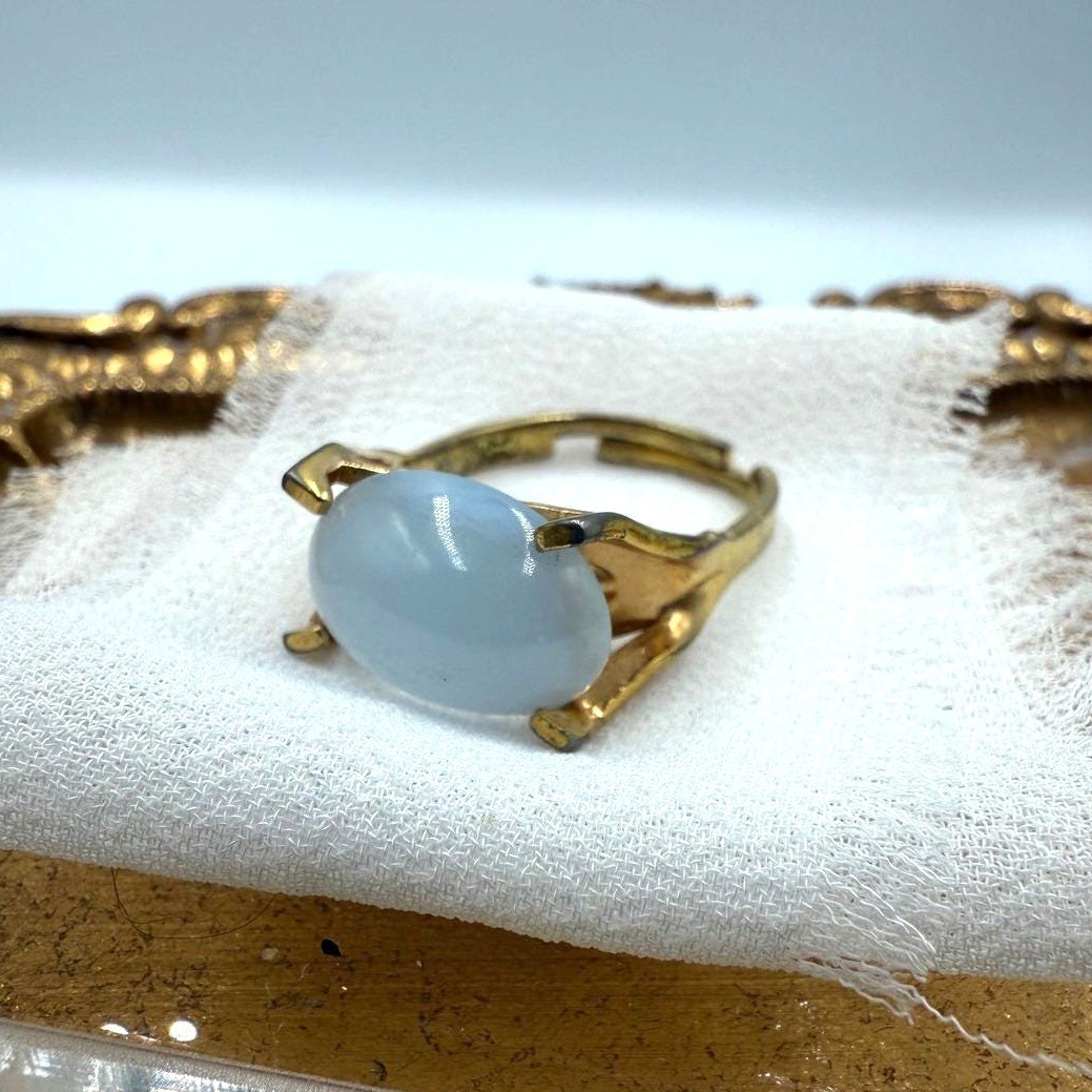 Vintage Gold Tone Adjustable Ring Pale Blue Cabochon Statement Ring Size 5