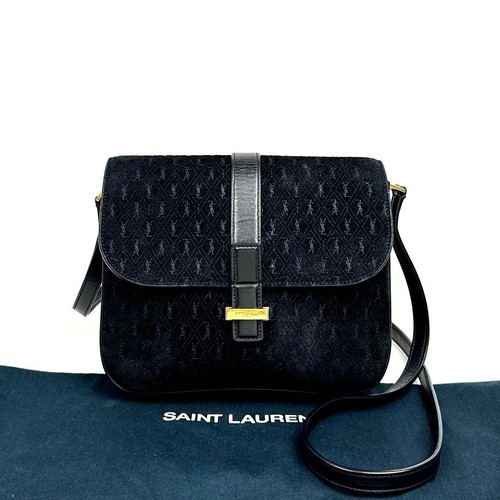 Saint Laurent YSL Monogram Suede Leather Shoulder Bag Black Gold Auth