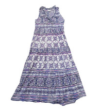 True Destinations Dress Women's XS Purple Tiered Block Print Maxi Cotton Boho