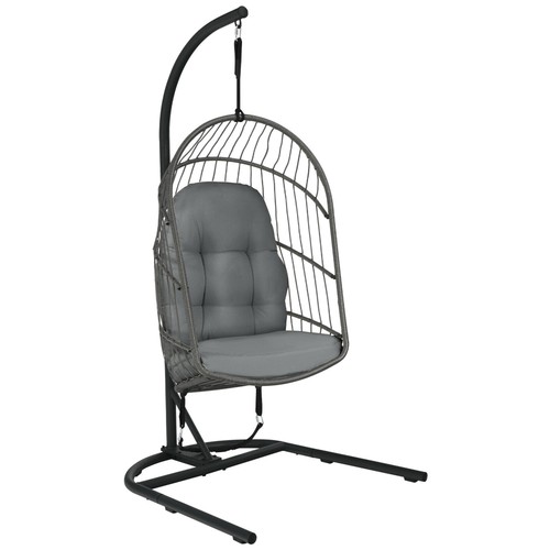 Hanging Hammock Egg Chair Patio Rattan Swing Chair w/ Stand & Grey Cushions - Picture 1 of 9