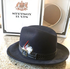Stetson Fedora Hat Feather Trim; BLACK/Cream Lining; 7 1/4; W/Box;John B Stetson
