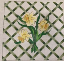 Tray Point Needlepoint Canvas Daffodils Lattice Diagonal Green Yellow Vintage