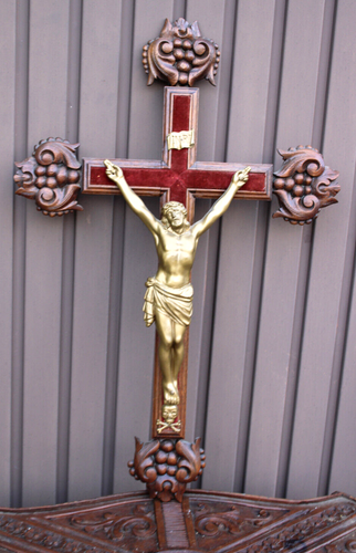 Antik 30,7" belgisches Holz geschnitzt XL Kruzifix Samt religiös selten